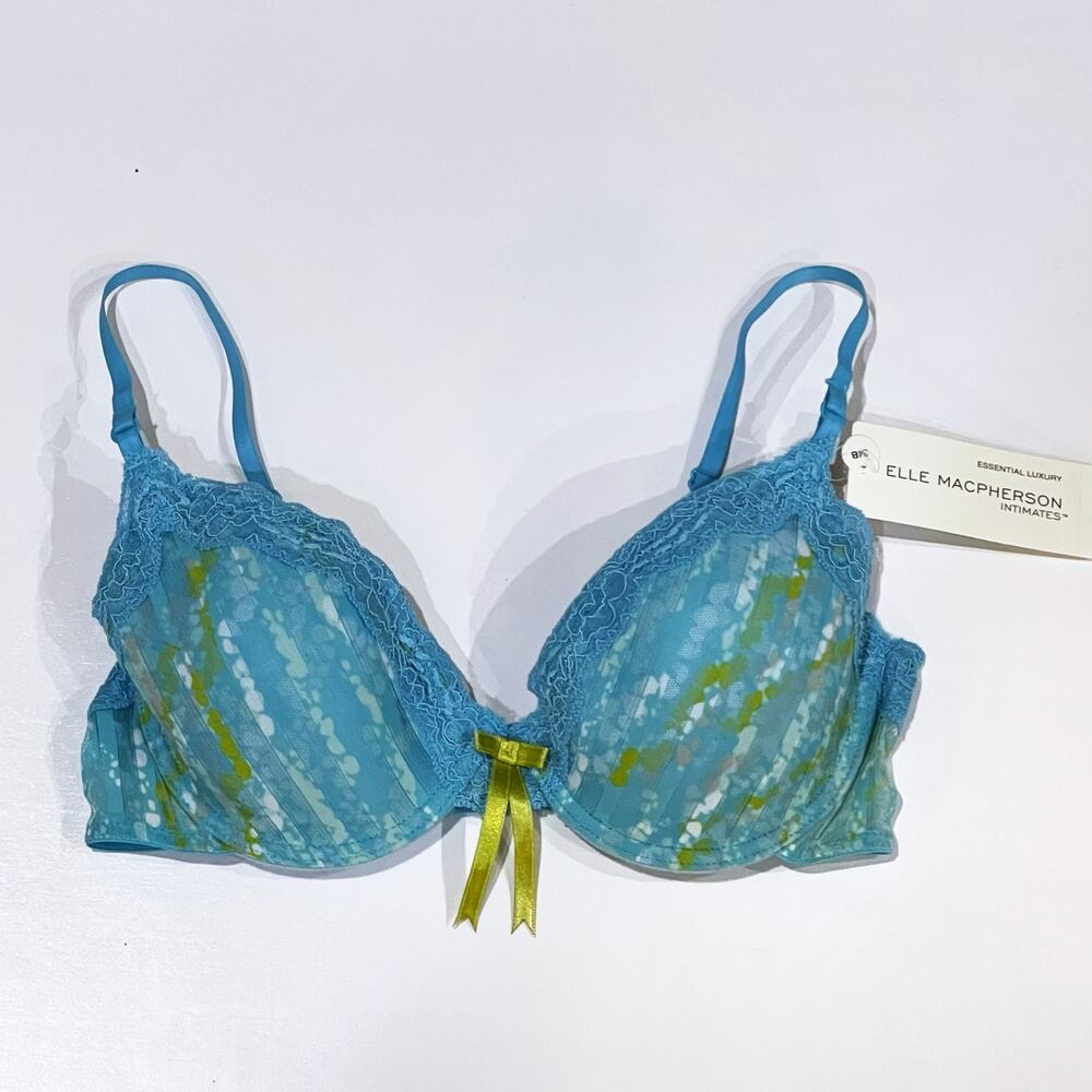 NEW Elle MacPherson 34A Sheer Ribbons Contour Bra Lace Underwire Blue Print Bow